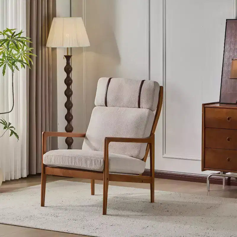 Poltrona d'Appoggio Mid-Century Modern con Struttura in Legno Massiccio, Cuscini Imbottiti Grigio Chiaro, per Salotto
