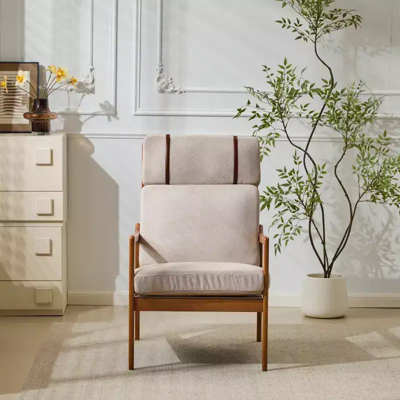 Poltrona d'Appoggio Mid-Century Modern con Struttura in Legno Massiccio, Cuscini Imbottiti Grigio Chiaro, per Salotto