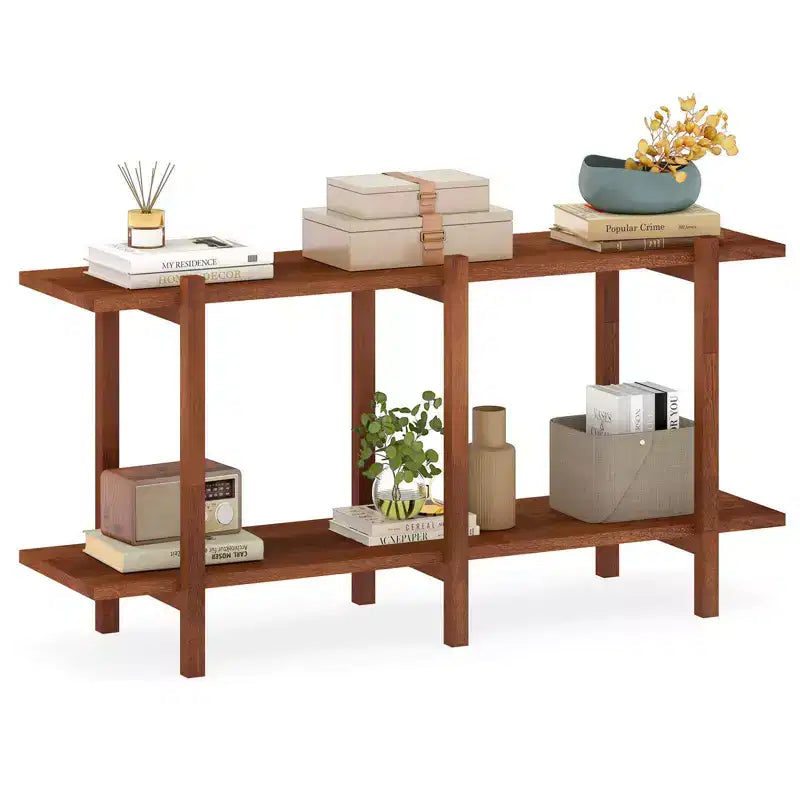 Costway 2-Tier Wood Bookshelf, Low Horizontal Rubberwood Bookcase for Storage & Display