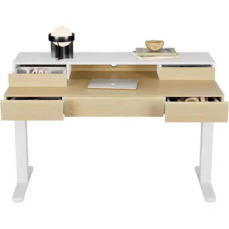 Standing Desk with Drawers, 48 Inches Electric Height Adjustable Desk with Storage, Whole Piece Board Sit Stand Up Desk with Monitor Shelf