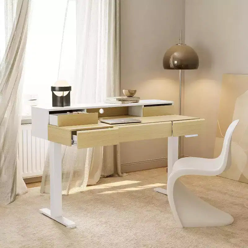 Scrivania in Piedi con Cassetti, Scrivania Elettrica Regolabile in Altezza da 48 Pollici con Spazio di Archiviazione, Scrivania Completa Sit-Stand con Mensola per Monitor