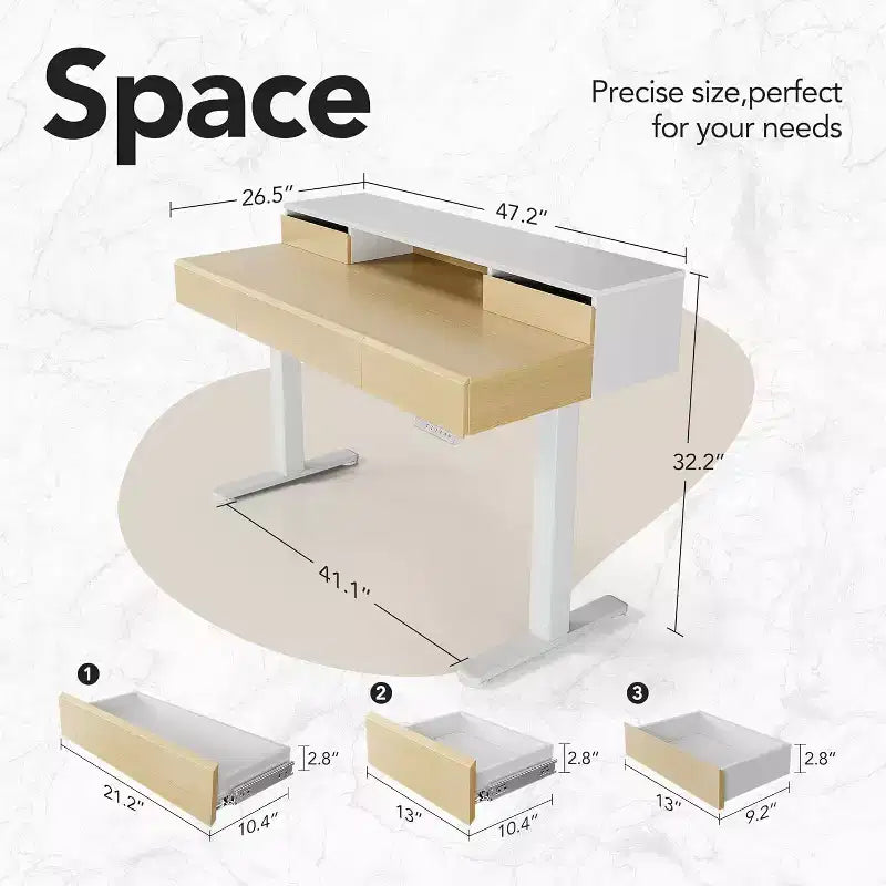 Scrivania in Piedi con Cassetti, Scrivania Elettrica Regolabile in Altezza da 48 Pollici con Spazio di Archiviazione, Scrivania Completa Sit-Stand con Mensola per Monitor