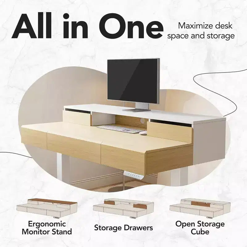 Scrivania in Piedi con Cassetti, Scrivania Elettrica Regolabile in Altezza da 48 Pollici con Spazio di Archiviazione, Scrivania Completa Sit-Stand con Mensola per Monitor