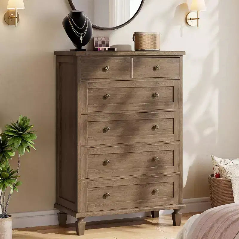 Comò Vintage a 6 Cassetti con Gambe Affusolate, Cassettiera Alta in Legno per Camera da Letto, Soggiorno o Ingresso, Finitura in Legno Invecchiato