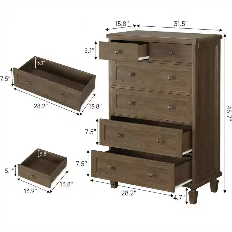 Comò Vintage a 6 Cassetti con Gambe Affusolate, Cassettiera Alta in Legno per Camera da Letto, Soggiorno o Ingresso, Finitura in Legno Invecchiato