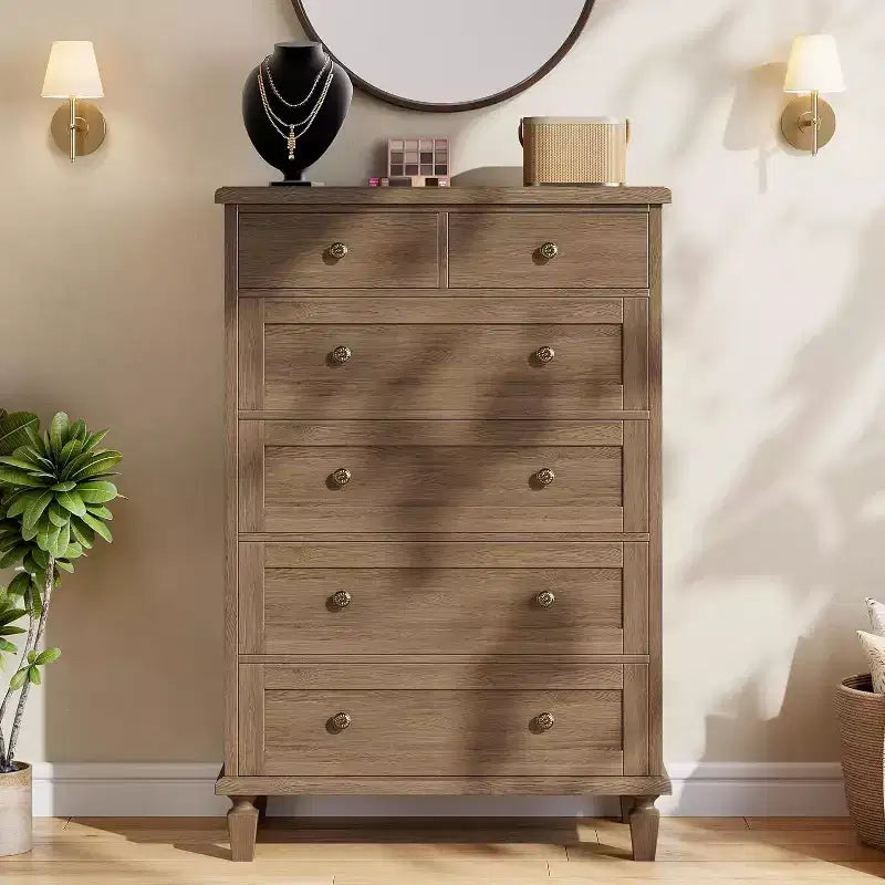 Comò Vintage a 6 Cassetti con Gambe Affusolate, Cassettiera Alta in Legno per Camera da Letto, Soggiorno o Ingresso, Finitura in Legno Invecchiato