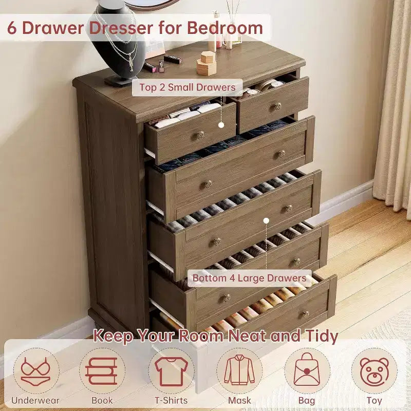 Comò Vintage a 6 Cassetti con Gambe Affusolate, Cassettiera Alta in Legno per Camera da Letto, Soggiorno o Ingresso, Finitura in Legno Invecchiato