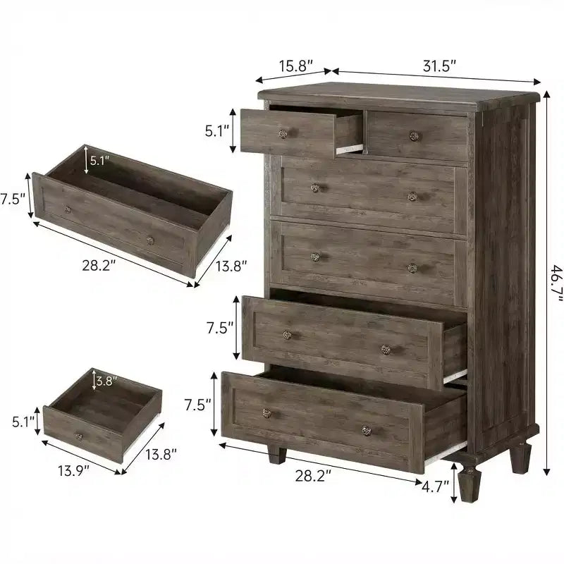 Comò Vintage a 6 Cassetti con Gambe Affusolate, Cassettiera Alta in Legno per Camera da Letto, Soggiorno o Ingresso, Finitura in Legno Invecchiato
