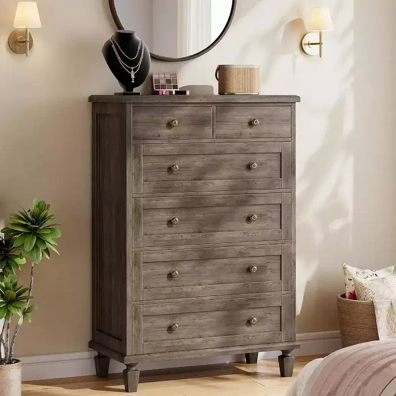 Comò Vintage a 6 Cassetti con Gambe Affusolate, Cassettiera Alta in Legno per Camera da Letto, Soggiorno o Ingresso, Finitura in Legno Invecchiato