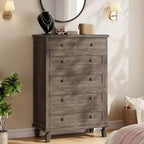 Comò Vintage a 6 Cassetti con Gambe Affusolate, Cassettiera Alta in Legno per Camera da Letto, Soggiorno o Ingresso, Finitura in Legno Invecchiato