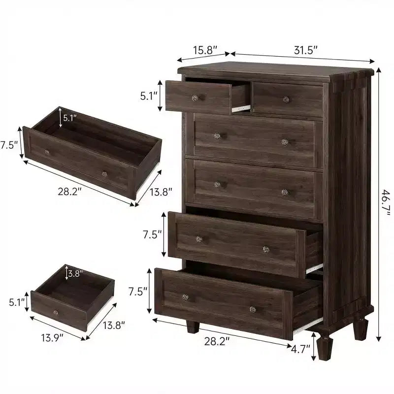 Comò Vintage a 6 Cassetti con Gambe Affusolate, Cassettiera Alta in Legno per Camera da Letto, Soggiorno o Ingresso, Finitura in Legno Invecchiato