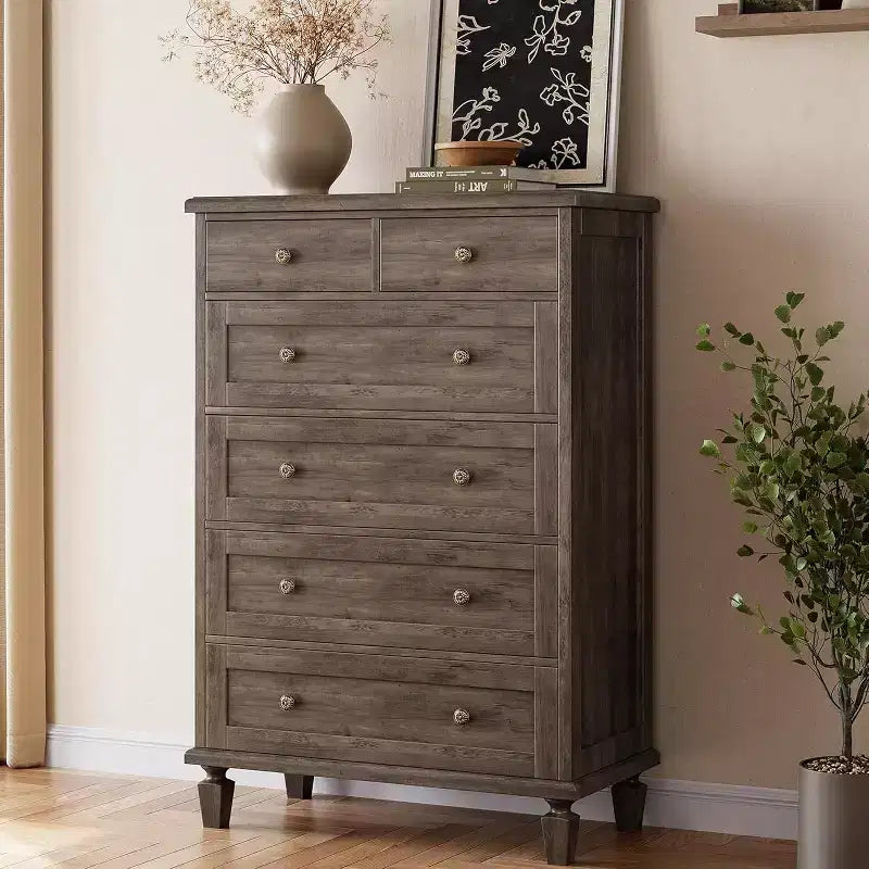Comò Vintage a 6 Cassetti con Gambe Affusolate, Cassettiera Alta in Legno per Camera da Letto, Soggiorno o Ingresso, Finitura in Legno Invecchiato