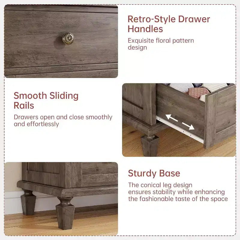 Comò Vintage a 6 Cassetti con Gambe Affusolate, Cassettiera Alta in Legno per Camera da Letto, Soggiorno o Ingresso, Finitura in Legno Invecchiato