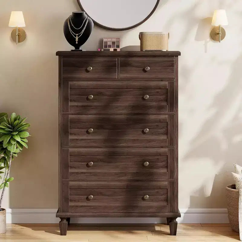 Comò Vintage a 6 Cassetti con Gambe Affusolate, Cassettiera Alta in Legno per Camera da Letto, Soggiorno o Ingresso, Finitura in Legno Invecchiato