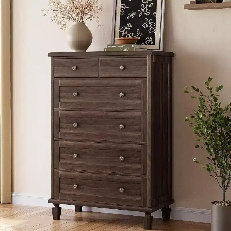 Comò Vintage a 6 Cassetti con Gambe Affusolate, Cassettiera Alta in Legno per Camera da Letto, Soggiorno o Ingresso, Finitura in Legno Invecchiato