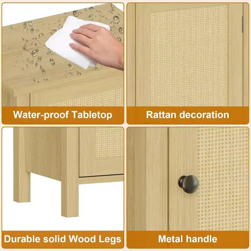 Comodino da Fattoria con Anta in Rattan, Tavolino con Accenti Naturali e Contenitore - Comodino Moderno Compatto con Gambe in Legno, Facile Montaggio per la Camera da Letto