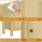 Comodino da Fattoria con Anta in Rattan, Tavolino con Accenti Naturali e Contenitore - Comodino Moderno Compatto con Gambe in Legno, Facile Montaggio per la Camera da Letto