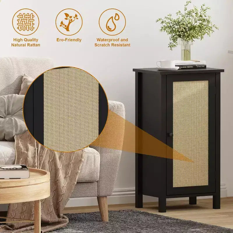 Comodino da Fattoria con Anta in Rattan, Tavolino con Accenti Naturali e Contenitore - Comodino Moderno Compatto con Gambe in Legno, Facile Montaggio per la Camera da Letto