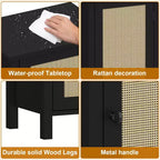 Comodino da Fattoria con Anta in Rattan, Tavolino con Accenti Naturali e Contenitore - Comodino Moderno Compatto con Gambe in Legno, Facile Montaggio per la Camera da Letto