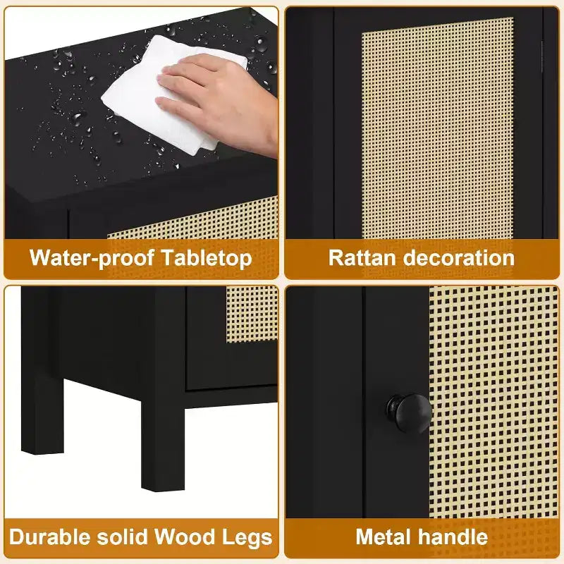 Comodino da Fattoria con Anta in Rattan, Tavolino con Accenti Naturali e Contenitore - Comodino Moderno Compatto con Gambe in Legno, Facile Montaggio per la Camera da Letto