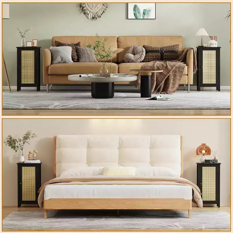 Comodino da Fattoria con Anta in Rattan, Tavolino con Accenti Naturali e Contenitore - Comodino Moderno Compatto con Gambe in Legno, Facile Montaggio per la Camera da Letto