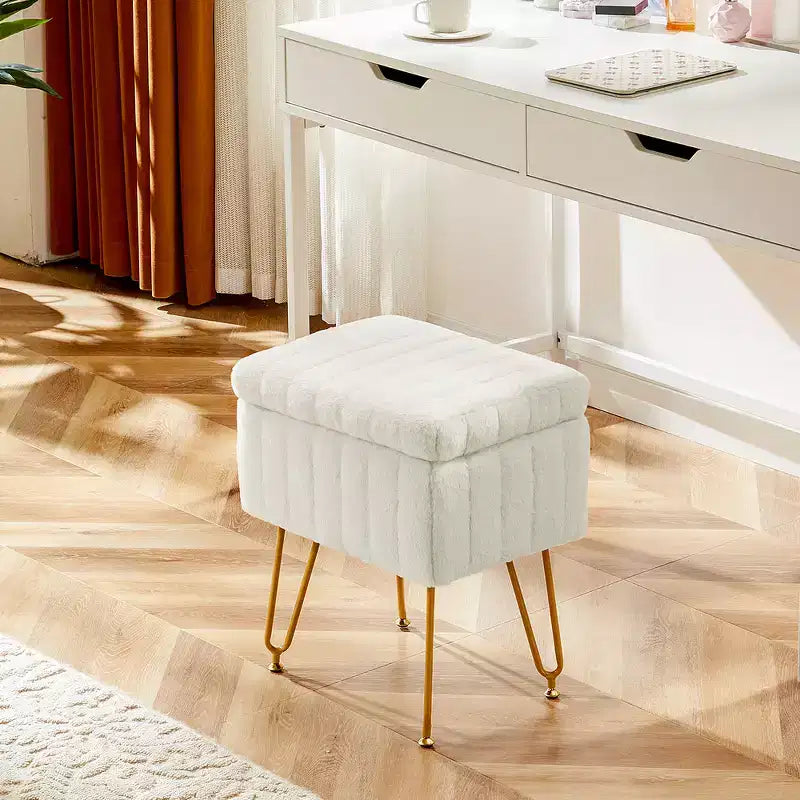 Ottoman Trucco Imbottito in Ecopelliccia Zeus & Ruta, 4 Gambe in Metallo con Piedini Antiscivolo Regolabili e Contenitore