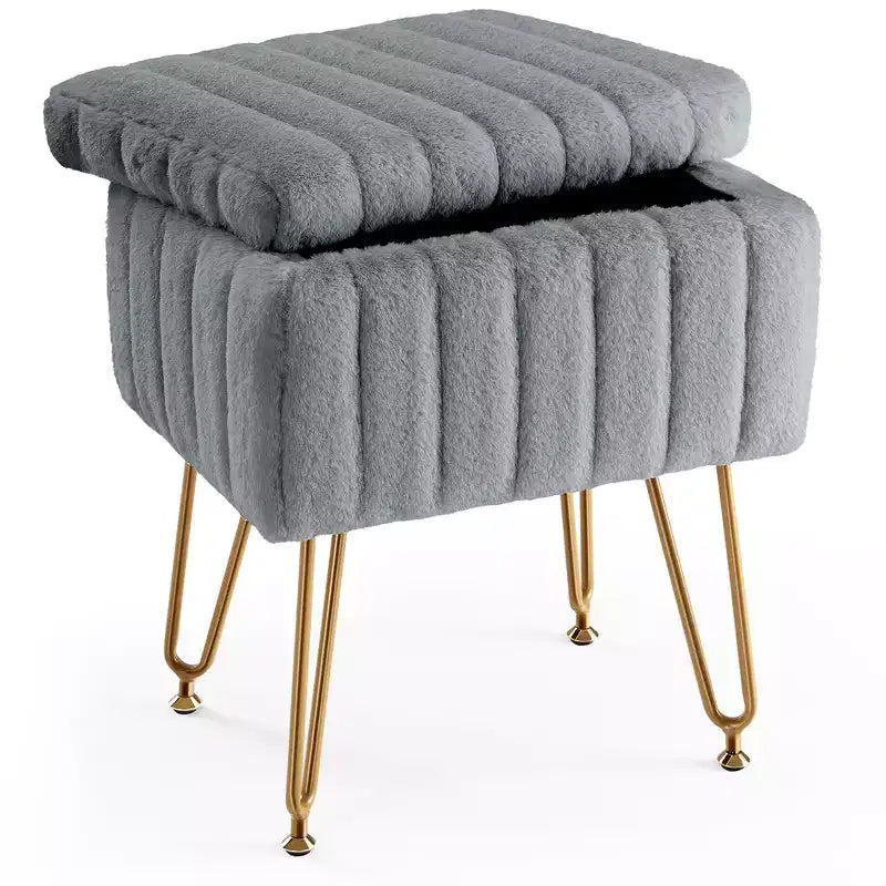 Ottoman Trucco Imbottito in Ecopelliccia Zeus & Ruta, 4 Gambe in Metallo con Piedini Antiscivolo Regolabili e Contenitore