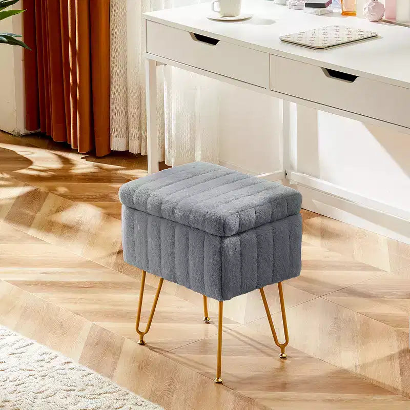 Ottoman Trucco Imbottito in Ecopelliccia Zeus & Ruta, 4 Gambe in Metallo con Piedini Antiscivolo Regolabili e Contenitore