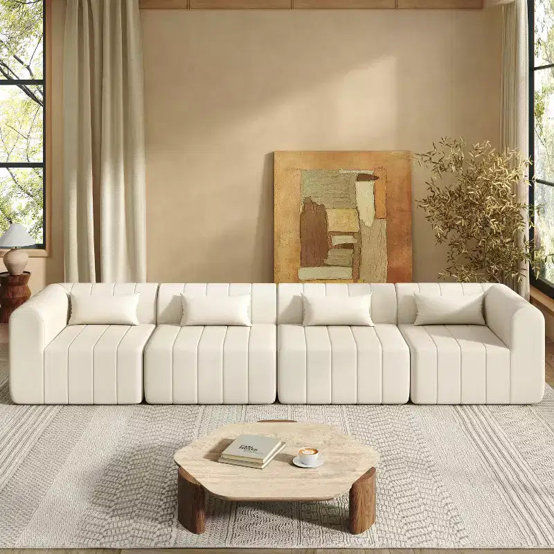 Divano componibile da 369,6 cm con rivestimento in poliestere beige, 4 pezzi, per soggiorno