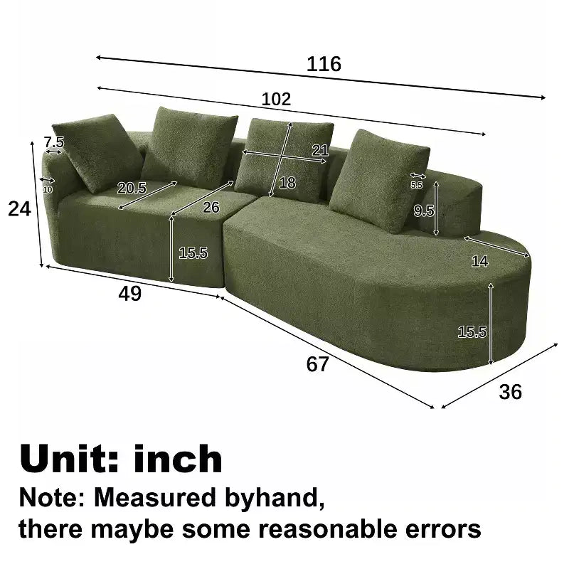 Divano sezionale curvo moderno da 116 pollici con chaise longue, rivestimento Pearl, per soggiorno