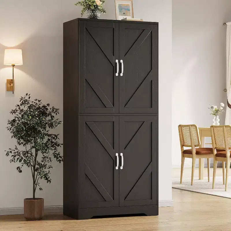 69 Farmhouse Kitchen Pantry Cabinet with 4 Doors & 2 Adjustable Shelves, Freestanding Storage Cupboard for Dining Room, Living Room, or Kitchen