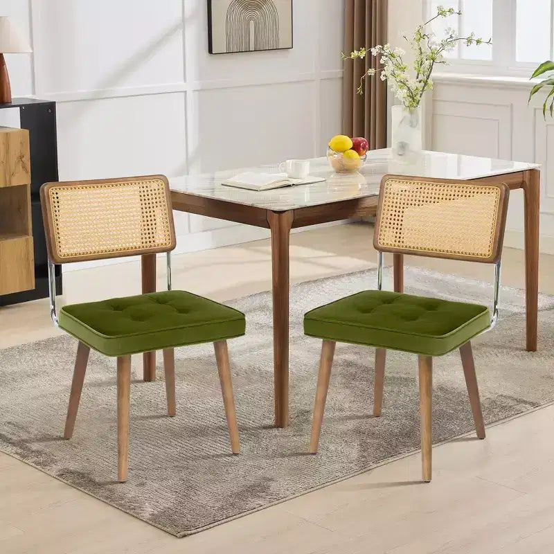 Set of 2 Dining Chairs, Velvet Seat & Woven Rattan Back - Tall Cane Back Kitchen Chairs with Wooden Legs for Dining Room or Kitchen - Green