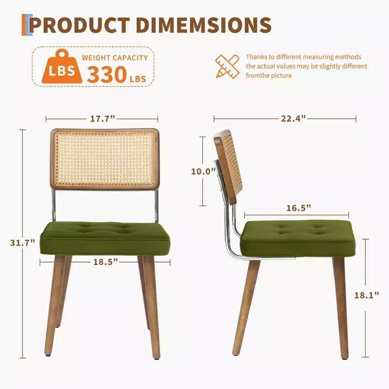 Set di 2 sedie da pranzo, sedile in velluto e schienale in rattan intrecciato - Sedie da cucina con schienale alto in canna e gambe in legno per sala da pranzo o cucina - Verdi