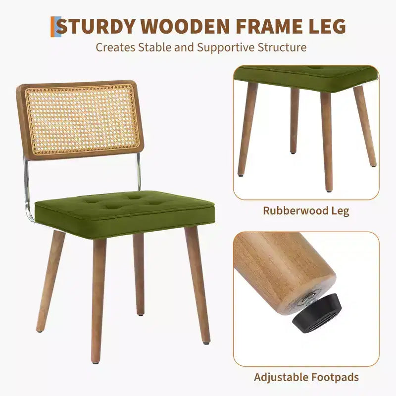 Set di 2 sedie da pranzo, sedile in velluto e schienale in rattan intrecciato - Sedie da cucina con schienale alto in canna e gambe in legno per sala da pranzo o cucina - Verdi