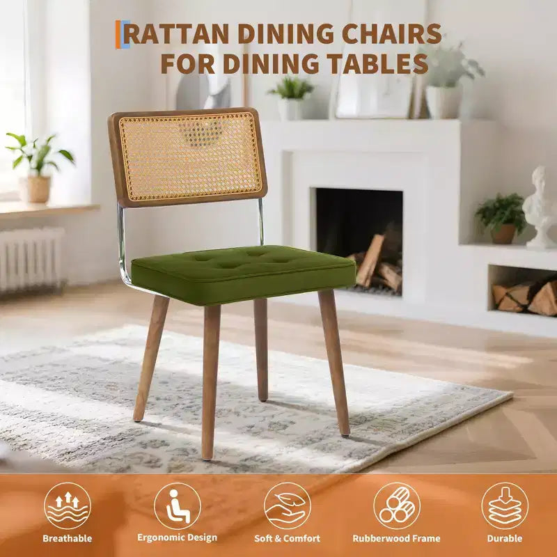 Set di 2 sedie da pranzo, sedile in velluto e schienale in rattan intrecciato - Sedie da cucina con schienale alto in canna e gambe in legno per sala da pranzo o cucina - Verdi