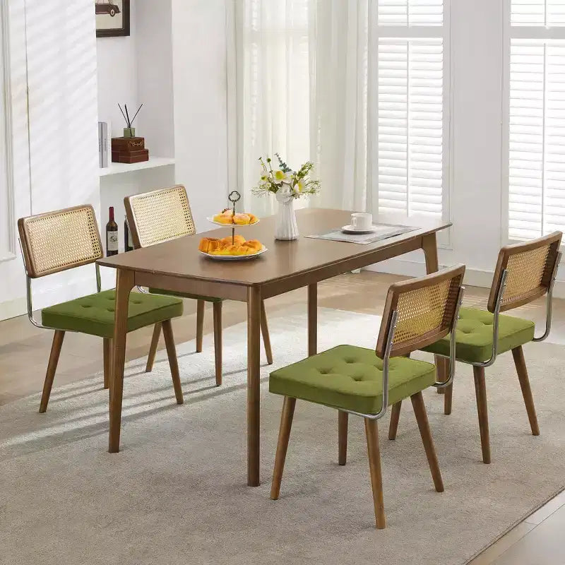 Set di 2 sedie da pranzo, sedile in velluto e schienale in rattan intrecciato - Sedie da cucina con schienale alto in canna e gambe in legno per sala da pranzo o cucina - Verdi