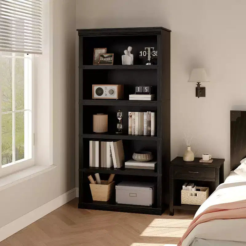 Libreria moderna in legno da terra con mensole aperte, mobile contenitore per casa, ufficio, biblioteca, soggiorno