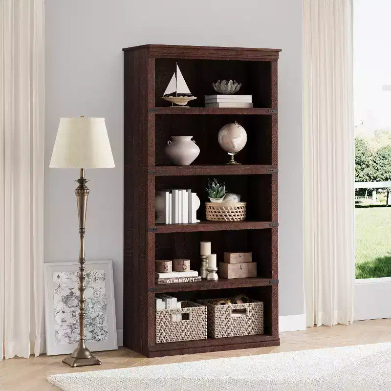 Libreria moderna in legno da terra con mensole aperte, mobile contenitore per casa, ufficio, biblioteca, soggiorno