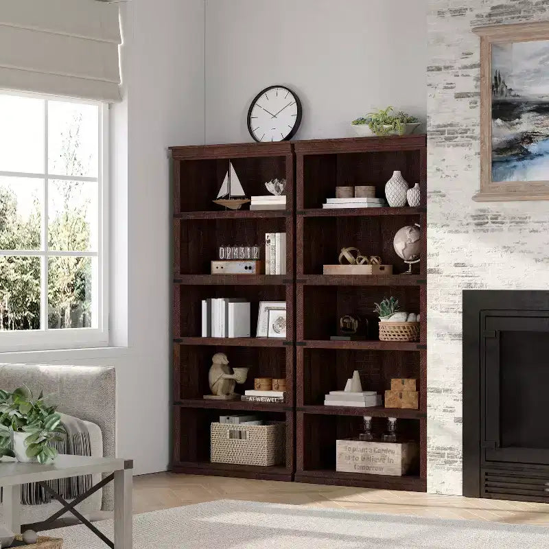 Libreria moderna in legno da terra con mensole aperte, mobile contenitore per casa, ufficio, biblioteca, soggiorno