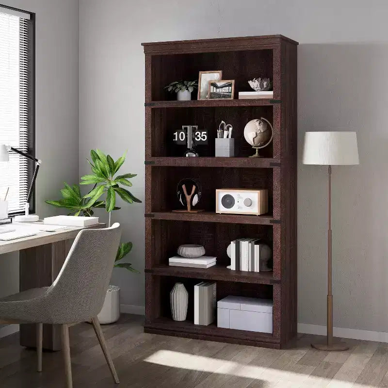 Libreria moderna in legno da terra con mensole aperte, mobile contenitore per casa, ufficio, biblioteca, soggiorno