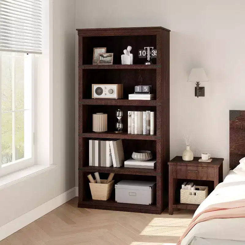 Libreria moderna in legno da terra con mensole aperte, mobile contenitore per casa, ufficio, biblioteca, soggiorno