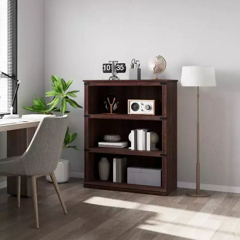 Libreria moderna in legno da terra con mensole aperte, mobile contenitore per casa, ufficio, biblioteca, soggiorno