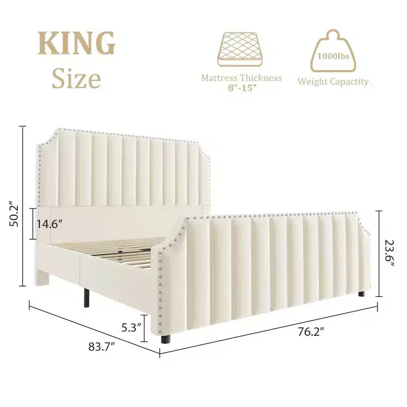 Struttura Letto Imbottita California King con Testiera Pediera e Doghe in Legno, Nessun Box Spring Richiesto