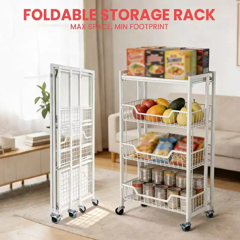 Carrello a 4 Livelli Pieghevole per Cucina, Organizzatore e Contenitore con Cesti, Carrello da Dispensa con Ruote per Frutta, Patate, Verdura, Snack