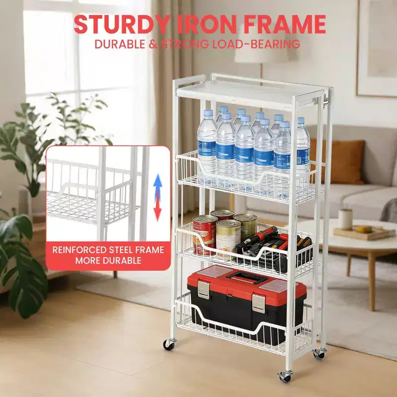 Carrello a 4 Livelli Pieghevole per Cucina, Organizzatore e Contenitore con Cesti, Carrello da Dispensa con Ruote per Frutta, Patate, Verdura, Snack