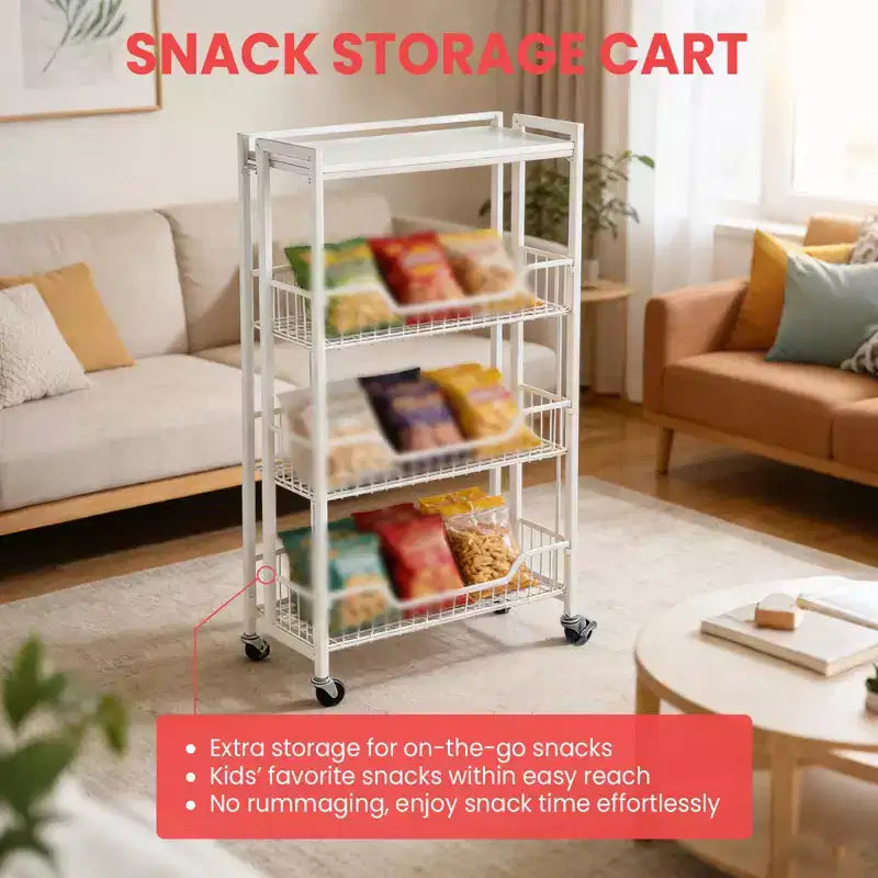 Carrello a 4 Livelli Pieghevole per Cucina, Organizzatore e Contenitore con Cesti, Carrello da Dispensa con Ruote per Frutta, Patate, Verdura, Snack