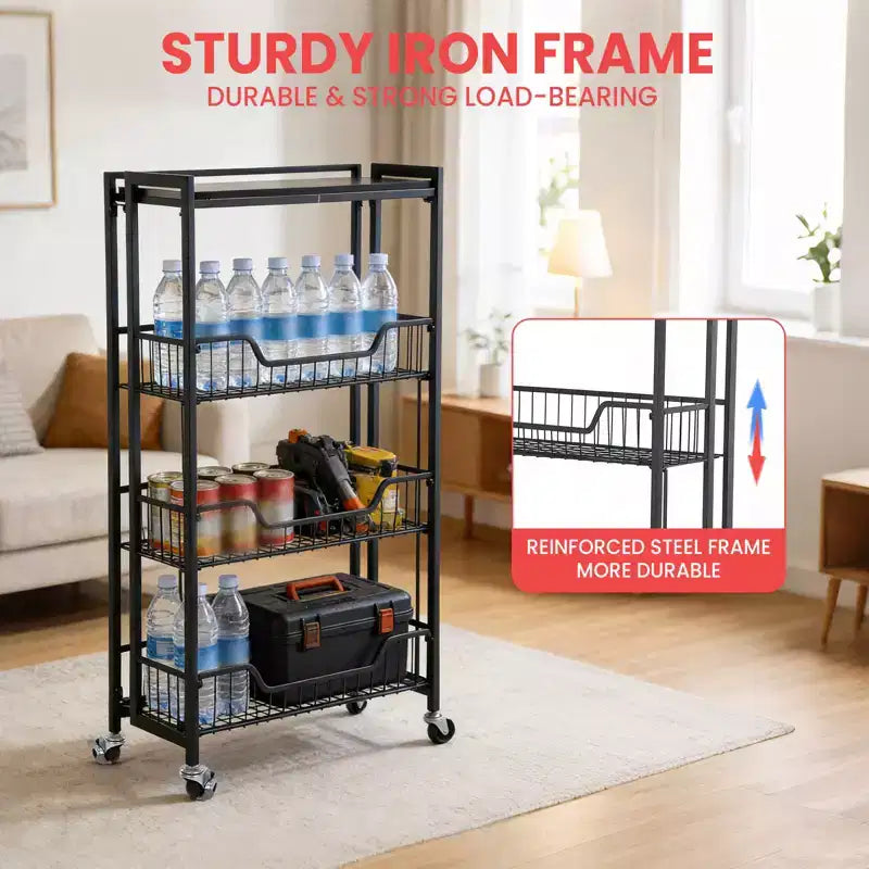 Carrello a 4 Livelli Pieghevole per Cucina, Organizzatore e Contenitore con Cesti, Carrello da Dispensa con Ruote per Frutta, Patate, Verdura, Snack