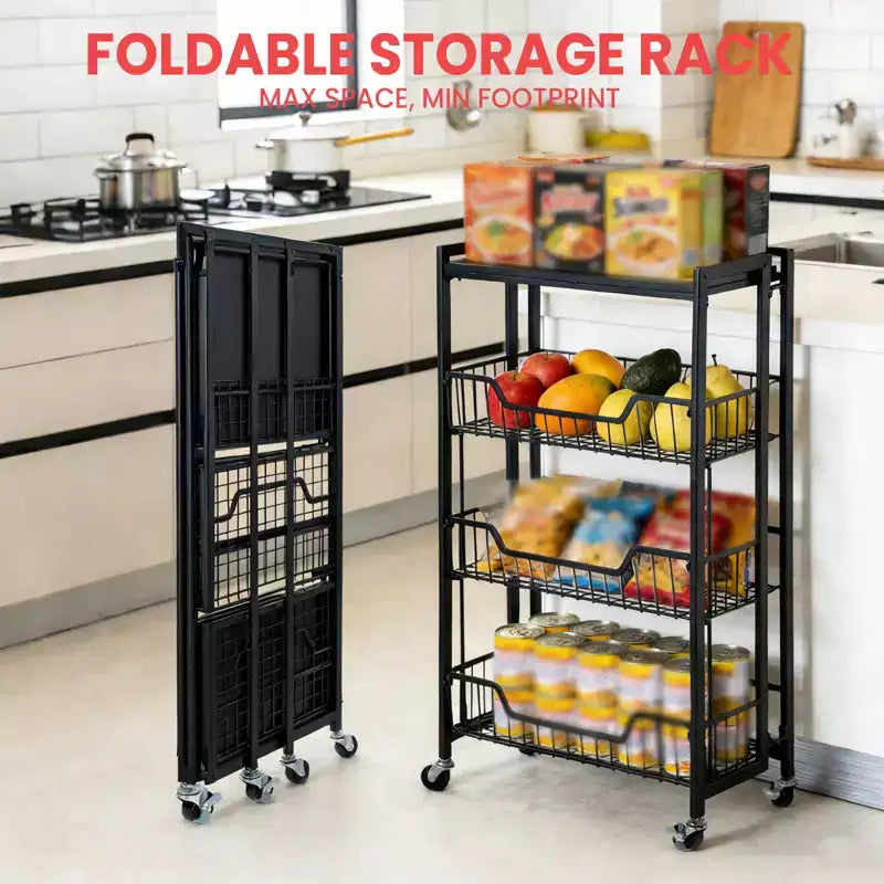 Carrello a 4 Livelli Pieghevole per Cucina, Organizzatore e Contenitore con Cesti, Carrello da Dispensa con Ruote per Frutta, Patate, Verdura, Snack