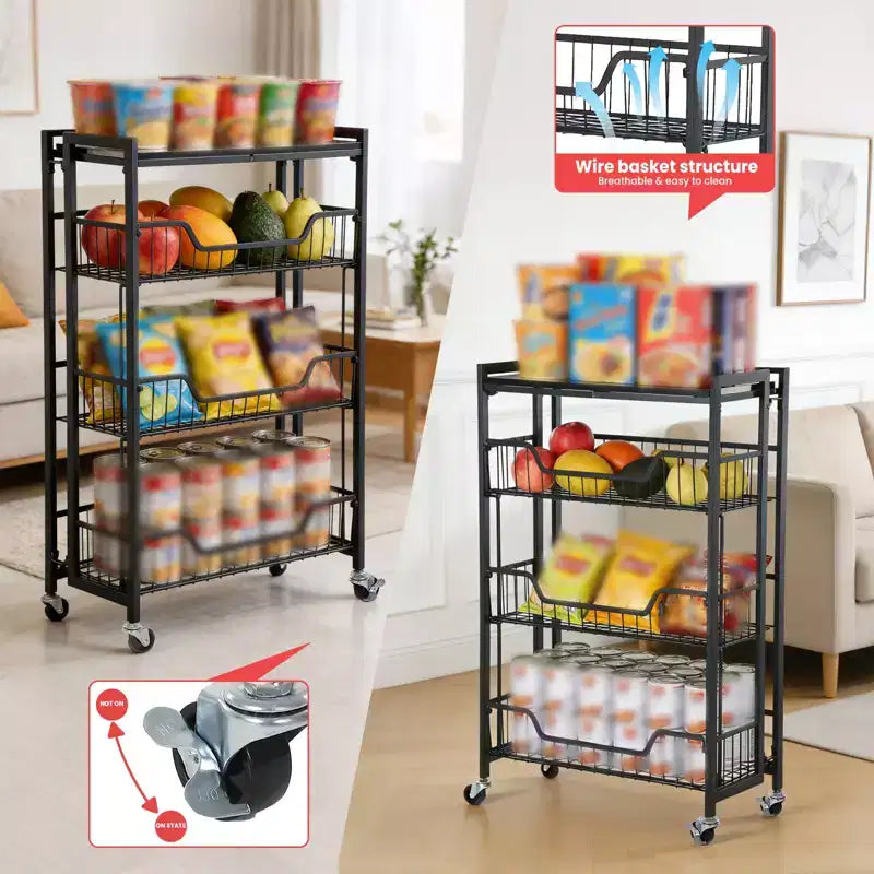 Carrello a 4 Livelli Pieghevole per Cucina, Organizzatore e Contenitore con Cesti, Carrello da Dispensa con Ruote per Frutta, Patate, Verdura, Snack