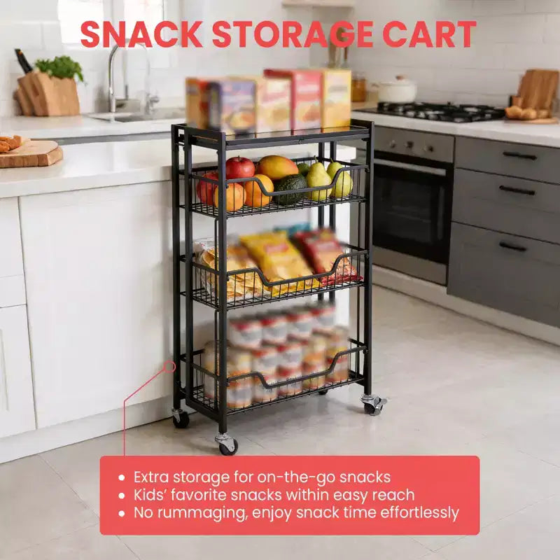Carrello a 4 Livelli Pieghevole per Cucina, Organizzatore e Contenitore con Cesti, Carrello da Dispensa con Ruote per Frutta, Patate, Verdura, Snack